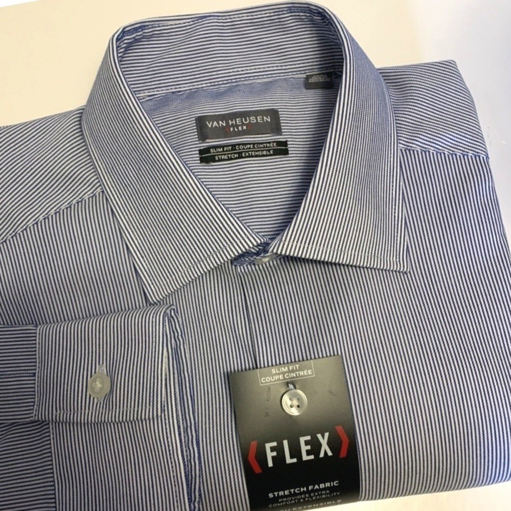 NWT Van Heusen Flex Stretch Shirt Men's L 16 Blue Striped Long Sleeve Button Up